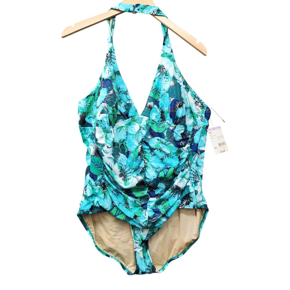 NWT Tropical Escape Swimsuit SZ 16 1 piece Cabana Blue Silver Metallic Ruching - Picture 2 of 9